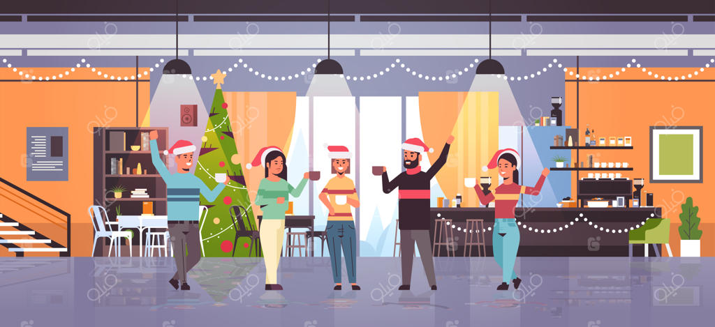 مردان و زنان در کافه مدرن با کلاه بابانوئل، جشن کریسمس و سال نو مبارک با قهوه در دست‌ها