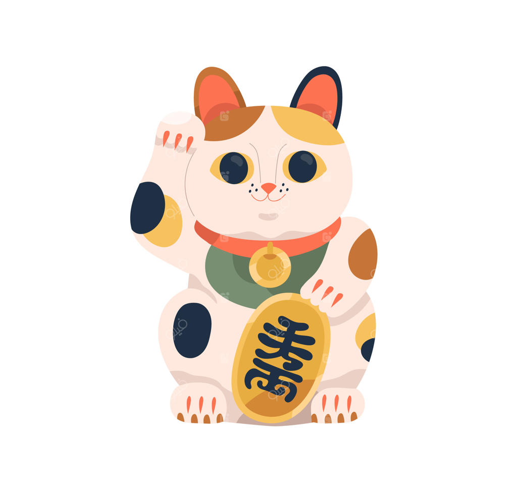 گربه مانکی‌نکو ژاپنی: مجسمه آسیایی با سکه برای شانس در کسب‌وکار و ثروت. عروسک گربه چینی با پنجه‌ بالا برده برای دعوت به خوشبختی. نمایه‌ی تخت وکتوری روی زمینه سفید.