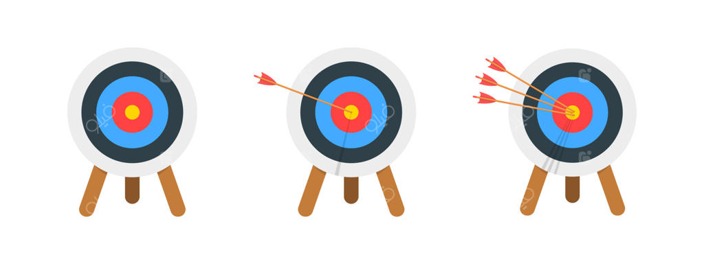 حلقه هدف تیراندازی با و بدون تیر در مرکز قرار گرفته. تابلوی دارت بر روی سه پایه در پس‌زمینه سفید. مفهوم دستیابی به اهداف. نماد استراتژی موفقیت در کسب‌وکار