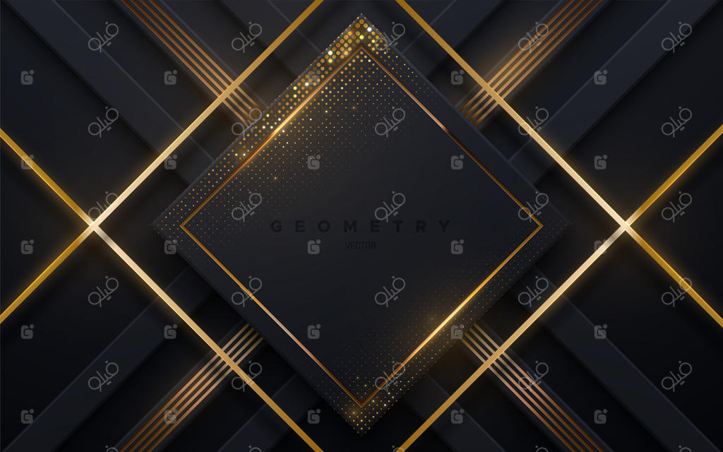 پس‌زمینه سیاه انتزاعی با نوارهای درخشان طلایی و زرق‌وبرق‌های چشمک‌زن