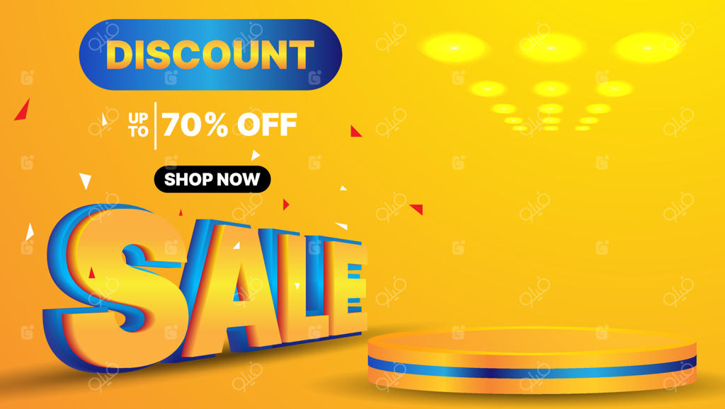 بنر یا پوستر حراج با سکوی واقعی در رنگ‌های نارنجی و آبی - تصویرسازی وکتور تجاری