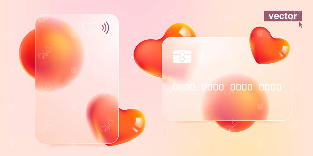 قالب کارت اعتباری با شیشه مات و قلب‌های قرمز شناور - پلاستیک شفاف با افکت تاری