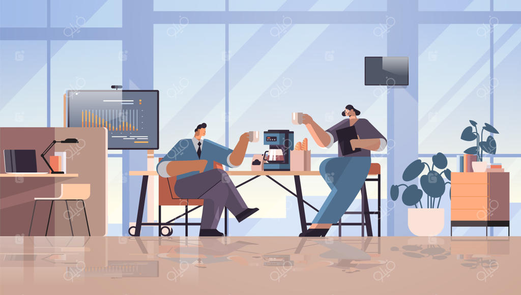 زوجی از افراد تجاری در حال نوشیدن قهوه در جلسه؛ مفهوم استراحت قهوه در دفتر - تصویر افقی