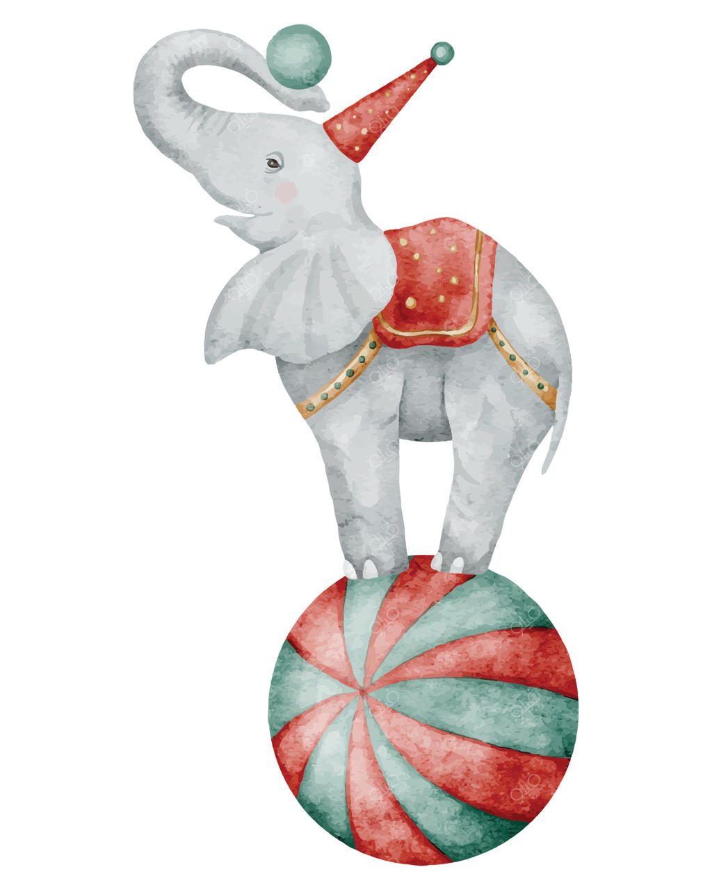 تصویر آبرنگی از فیل سیرک در حال تعادل روی توپ رنگارنگ. طراحی حیوانات کارناوال برای پوسترهای کودکانه یا طراحی اجرا. هنر برای کارت‌های تبریک تولد نوزاد یا دعوت‌نامه‌های کودکان.