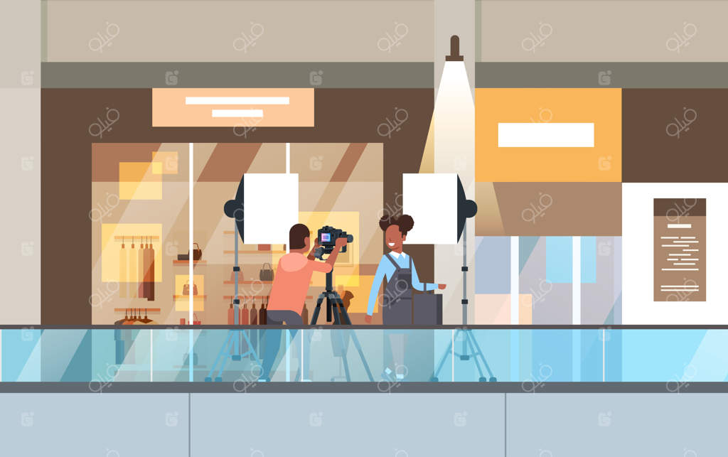 عکاس حرفه‌ای در حال عکاسی از مدل زن در یک مرکز خرید مدرن