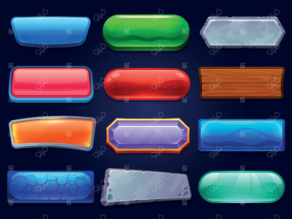 دکمه‌های بازی: مجموعه کارتونی از دکمه‌های رابط کاربری و پنل گزینه‌های بازی, منو و چارچوب‌های رابط کاربری بازی