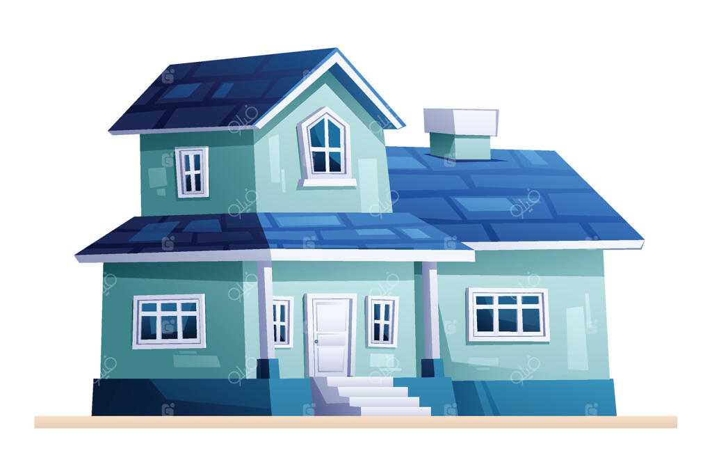 خانه مسکونی دل‌نشین با سقف آبی، خانه‌ای خانوادگی و دنج در حومه شهر. تصویر کارتونی