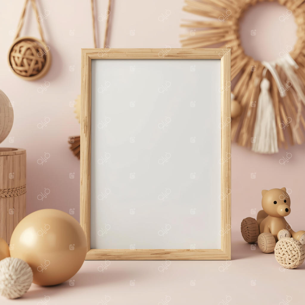 موکاپ قاب چوبی خالی روی پس‌زمینه صورتی