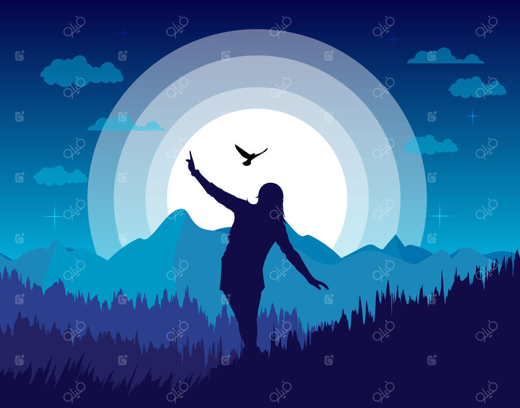 نقاشی دختری که به ماه نگاه می‌کند؛ اثر هنری علمی‌تخیلی، دختری تنها بر فراز تپه