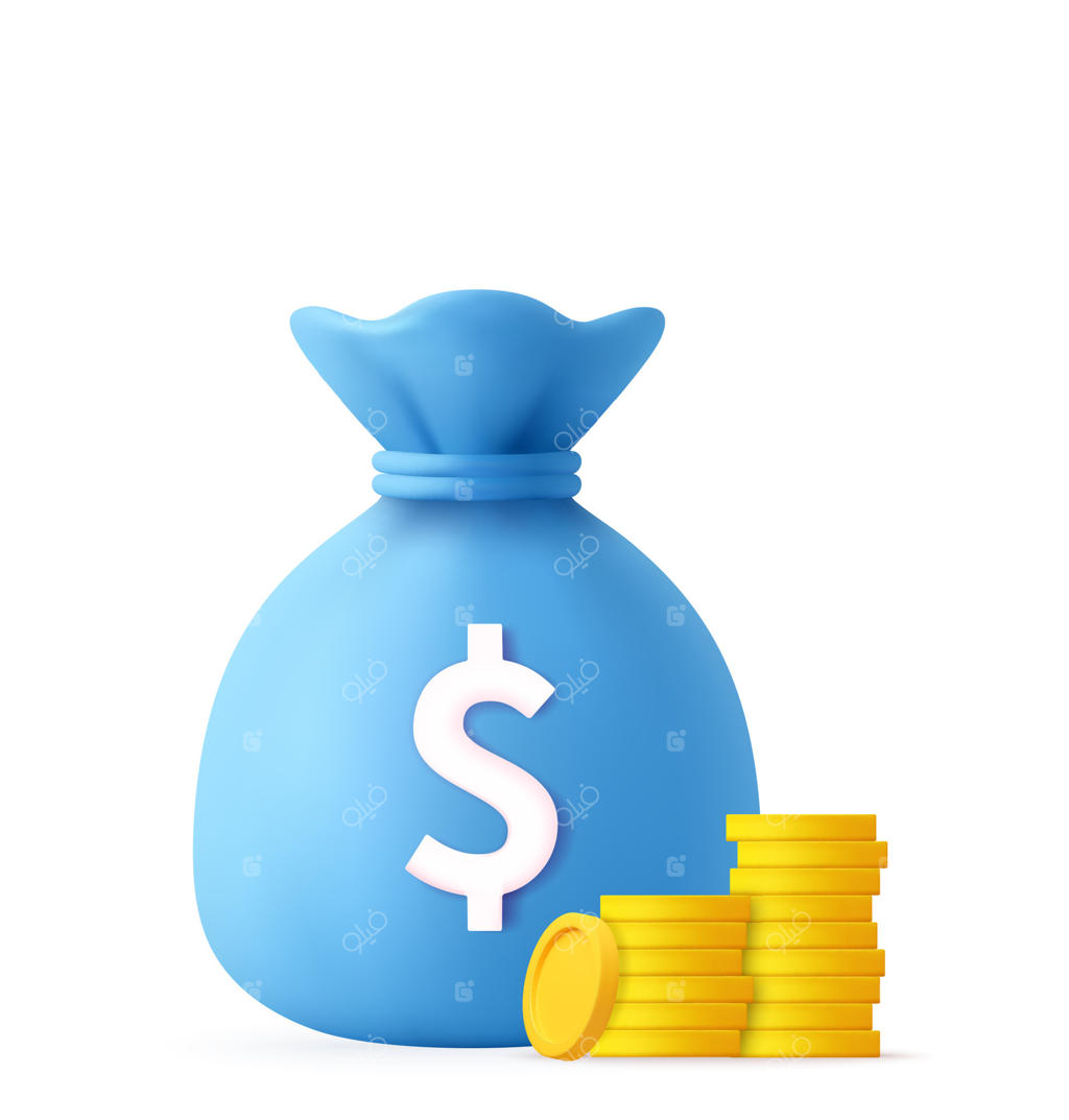 نماد ثروت: کیسه پول آبی و سکه‌های طلایی - تصویر وکتور حرفه‌ای