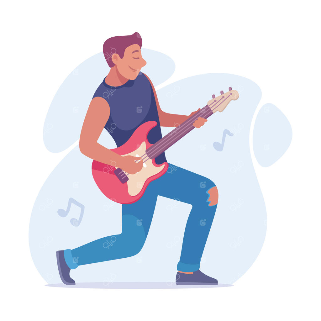 گیتاریست مرد پرانرژی در حال اجرای پرشور موسیقی راک روی صحنه