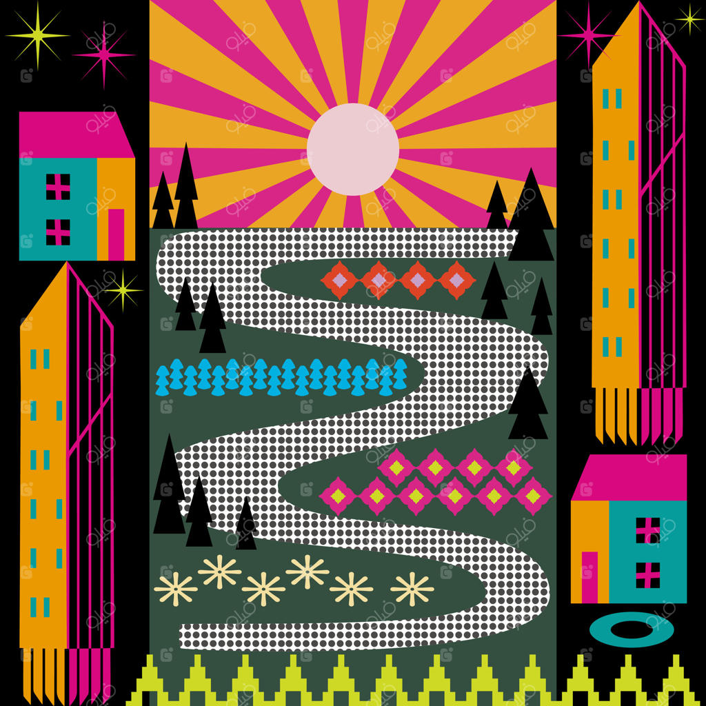 خورشید شهر باغ تقارن خانه: اثر هنری رنگی برای چاپ، والپیپر و پرده پارچه‌ای.