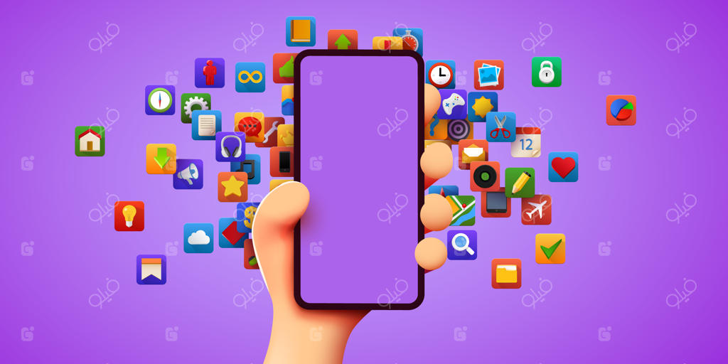 طرح بامزه دست کارتونی در حال نگه داشتن گوشی هوشمند مدرن