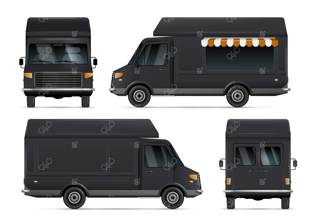 طرح واقعی ماکت کامیون‌های سیاه مواد غذایی از نمای جلو، پشت و کنار در پس‌زمینه سفید، تصویر وکتور.