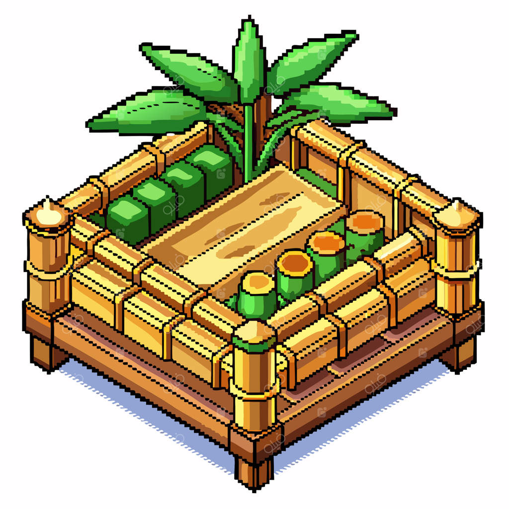 باغ بامبوی ایزومتریک با درخت نخل به سبک هنر پیکسلی