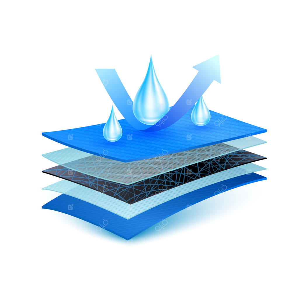 قطره‌های آب روی پارچه غیربافته اسپان‌باند از نزدیک با فلش. پارچه ضدآب، خنک‌کننده و منعکس‌کننده گرما. مناسب برای استفاده صنعتی.