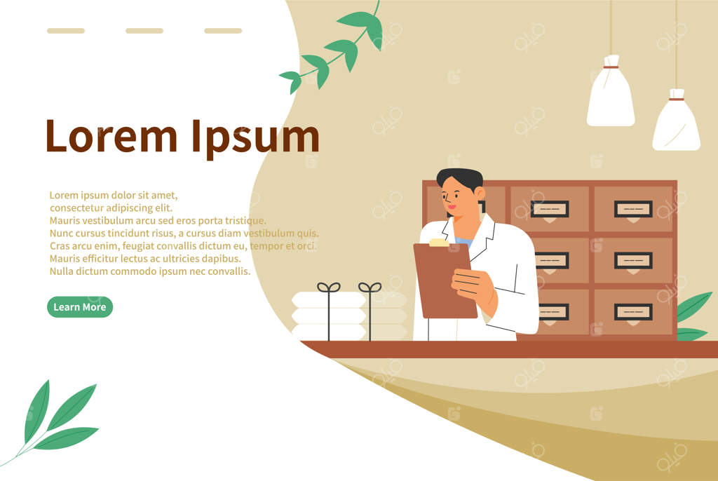 وب‌سایت کلینیک: دکتر شرقی در حال بررسی داروها در مقابل یک قفسه کشویی.