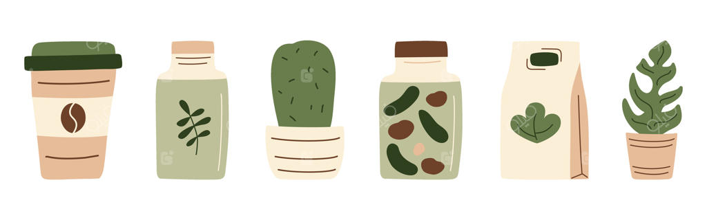 قوطی قهوه، شیشه، کیسه کاغذی، گیاه و کاکتوس در یک ردیف. غذای نگهداری شده در شیشه از سوپرمارکت یا بازار کشاورزان برای طراحی دوستدار محیط زیست. تصویرسازی به سبک تخت و ارگانیک.