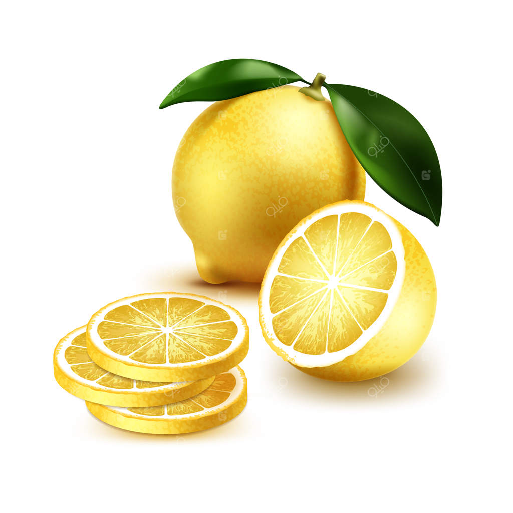 تصویر لیمو آبدار کامل و بریده شده همراه با برگ‌های سبز روی پس‌زمینه سفید