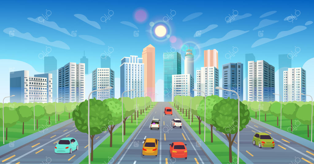 مسیر به شهر: نمای شهر و درختان - طرح کارتونی وکتوری
