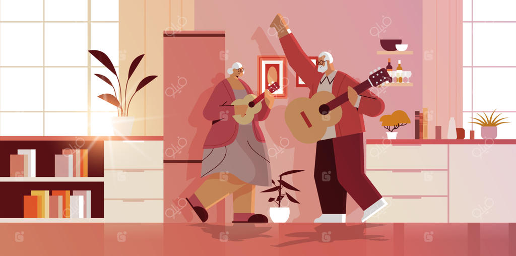 زوج سالخورده گیتار می‌نوازند: تفریح سالمندان فعال در آشپزخانه خانه