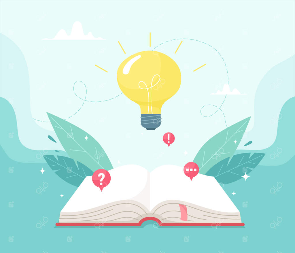 کتاب باز و یک لامپ در آسمان. مفهوم دانش و یادگیری موفق. تصویرسازی به سبک فلت.