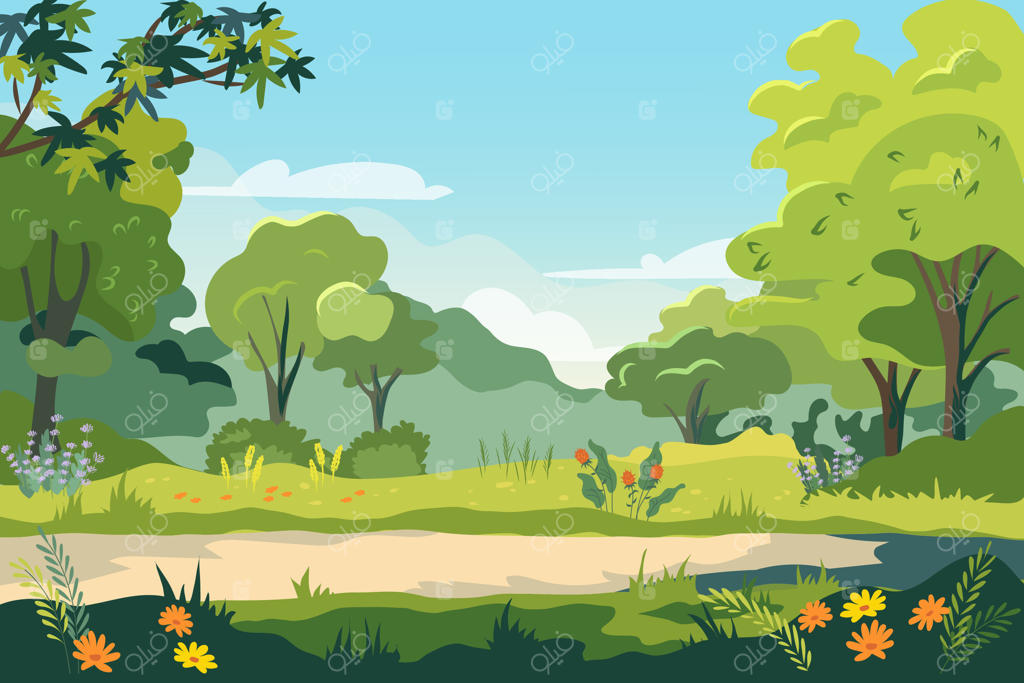 باغ عمومی در شهر: نمای پانورامای پارک تابستانی با درختان سبز، گل‌ها و چمن. منظره کارتونی از پارک خالی