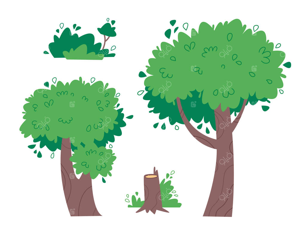 مجموعه‌ای از درختان، بوته‌ها و کنده‌های درخت بر روی زمینه سفید. تصویرسازی کارتونی سبزیجات.