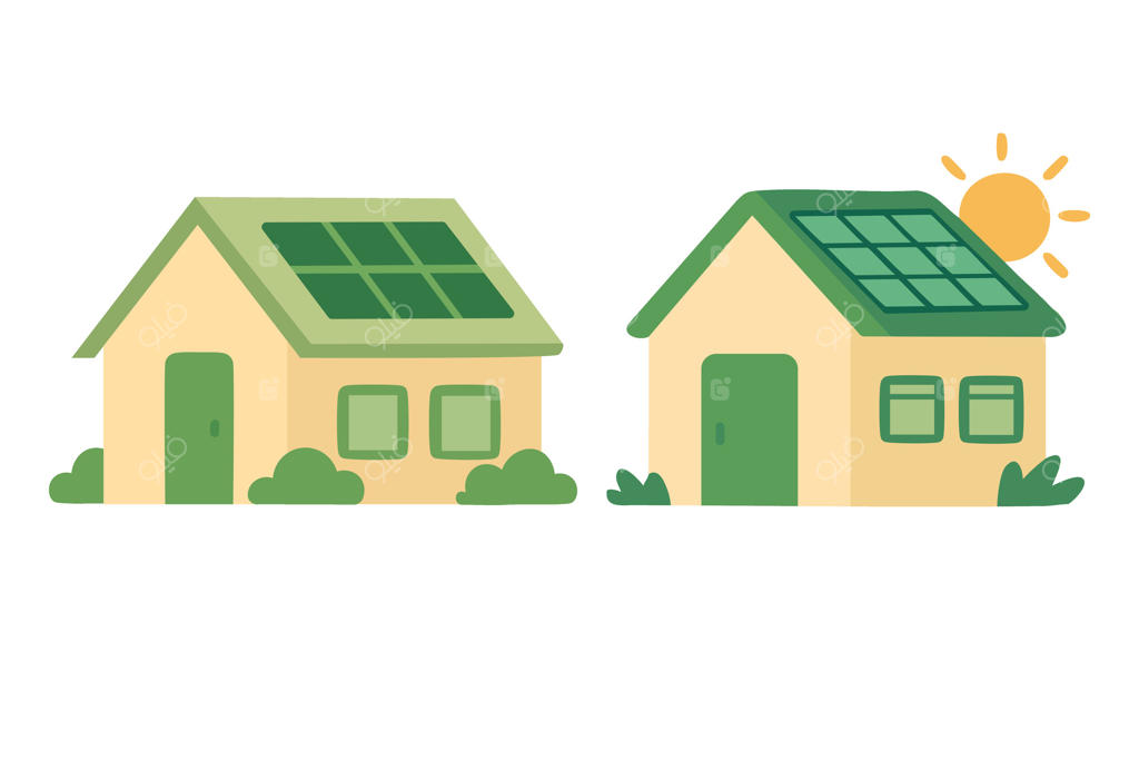 دو خانه کارتونی سازگار با محیط زیست با پنل‌های خورشیدی روی سقف‌ها و محیطی سبز.