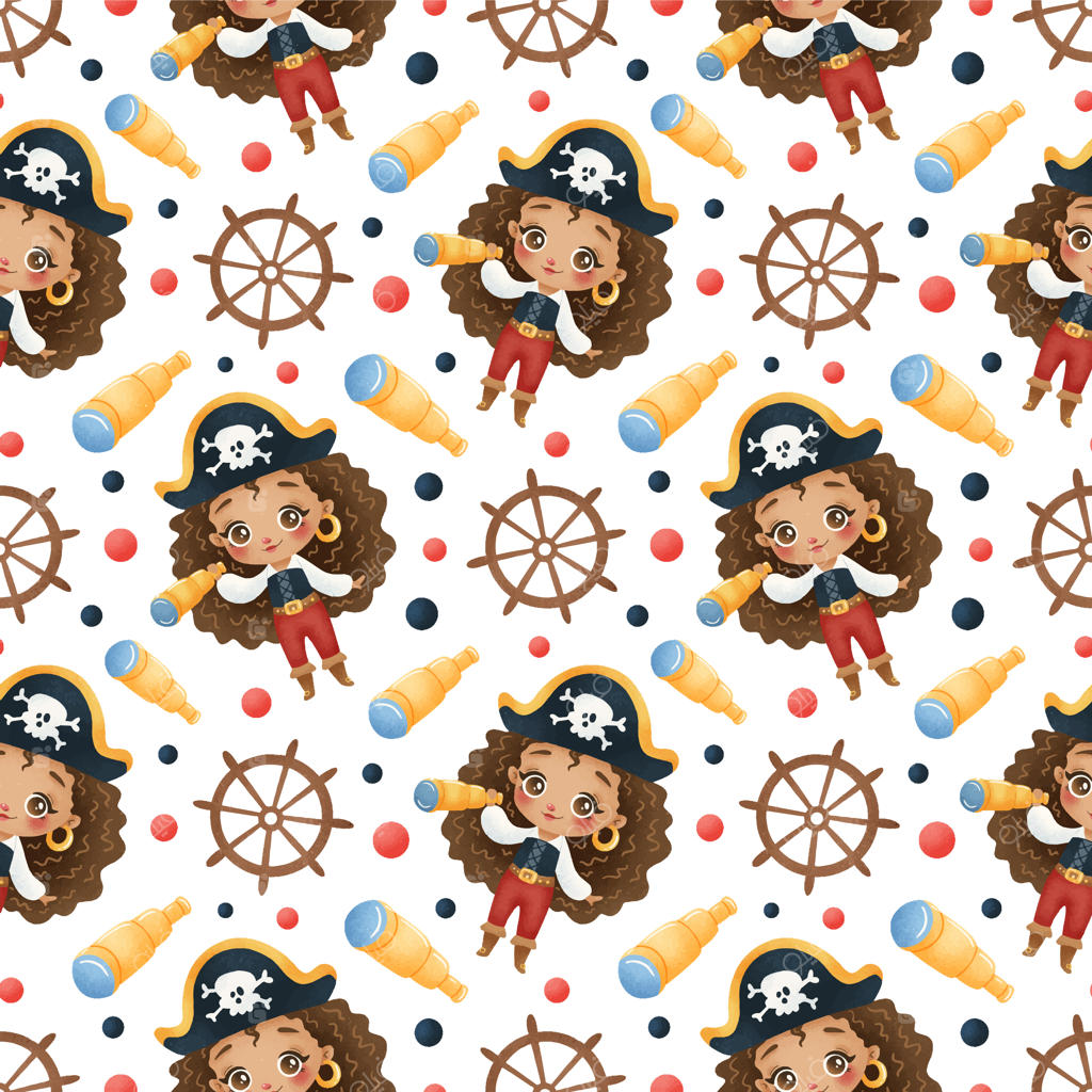 الگوی یکپارچه دختران دزد دریایی کارتونی آفریقایی-آمریکایی زیبا