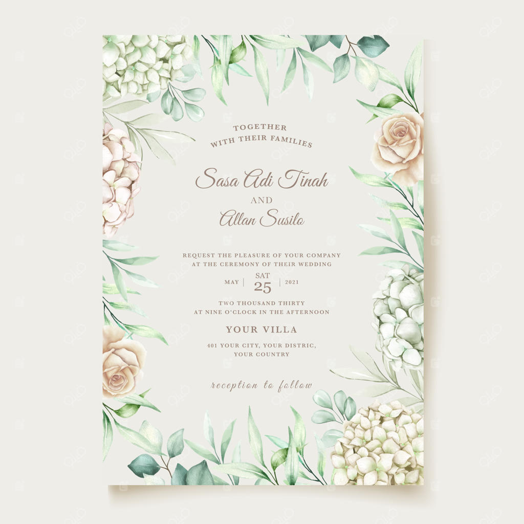 مجموعه کارت دعوت عروسی با طرح گل‌ها و برگ‌های آبرنگی