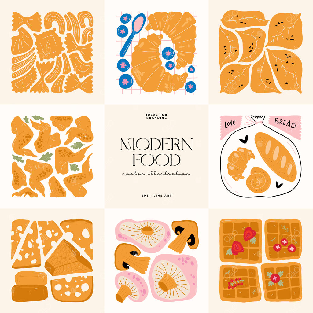 پوستر مدرن رستوران با سبک مینیمال ماتیس، المان‌های انتزاعی و ترکیب‌بندی غذای سالم