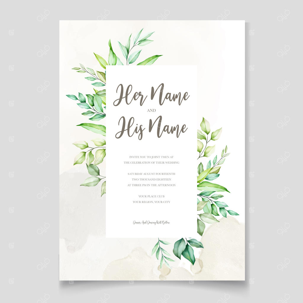 کارت دعوت عروسی آبرنگی با طراحی برگ‌های سبز