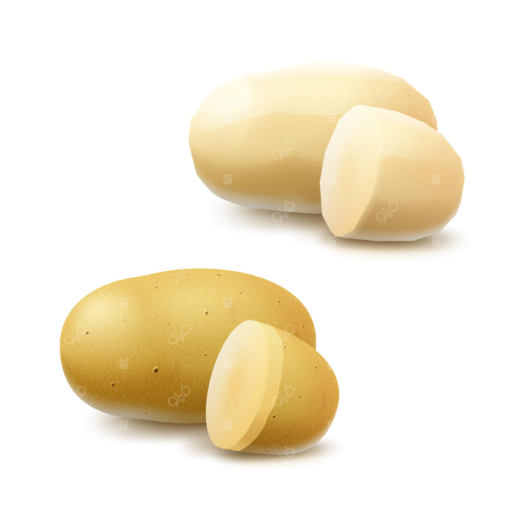 مجموعه‌ای از سیب‌زمینی‌های زرد تازه، پوست‌کنده‌ شده و برش‌خورده روی زمینه سفید