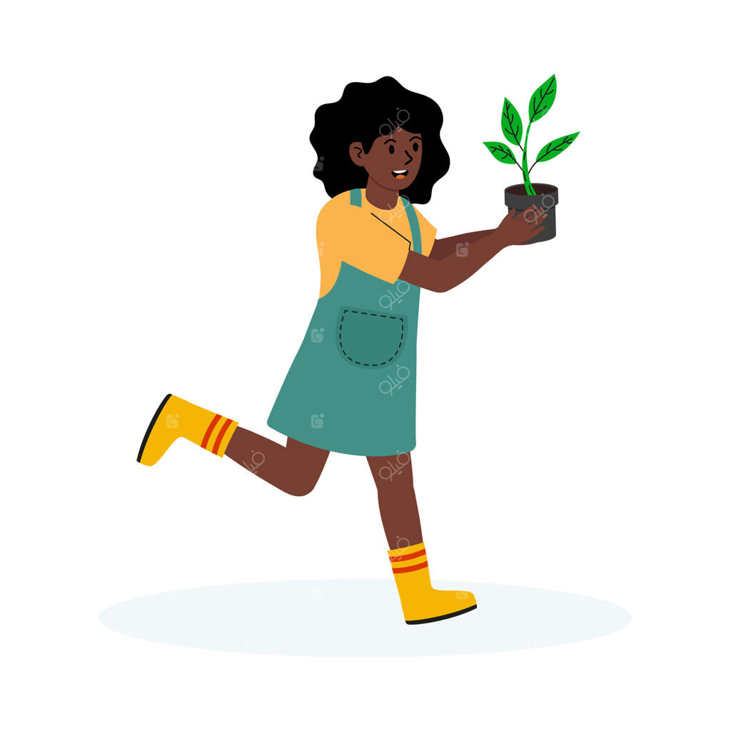 دختری با شادی در باغی آفتابی، گلدانی به دست در حال دویدن