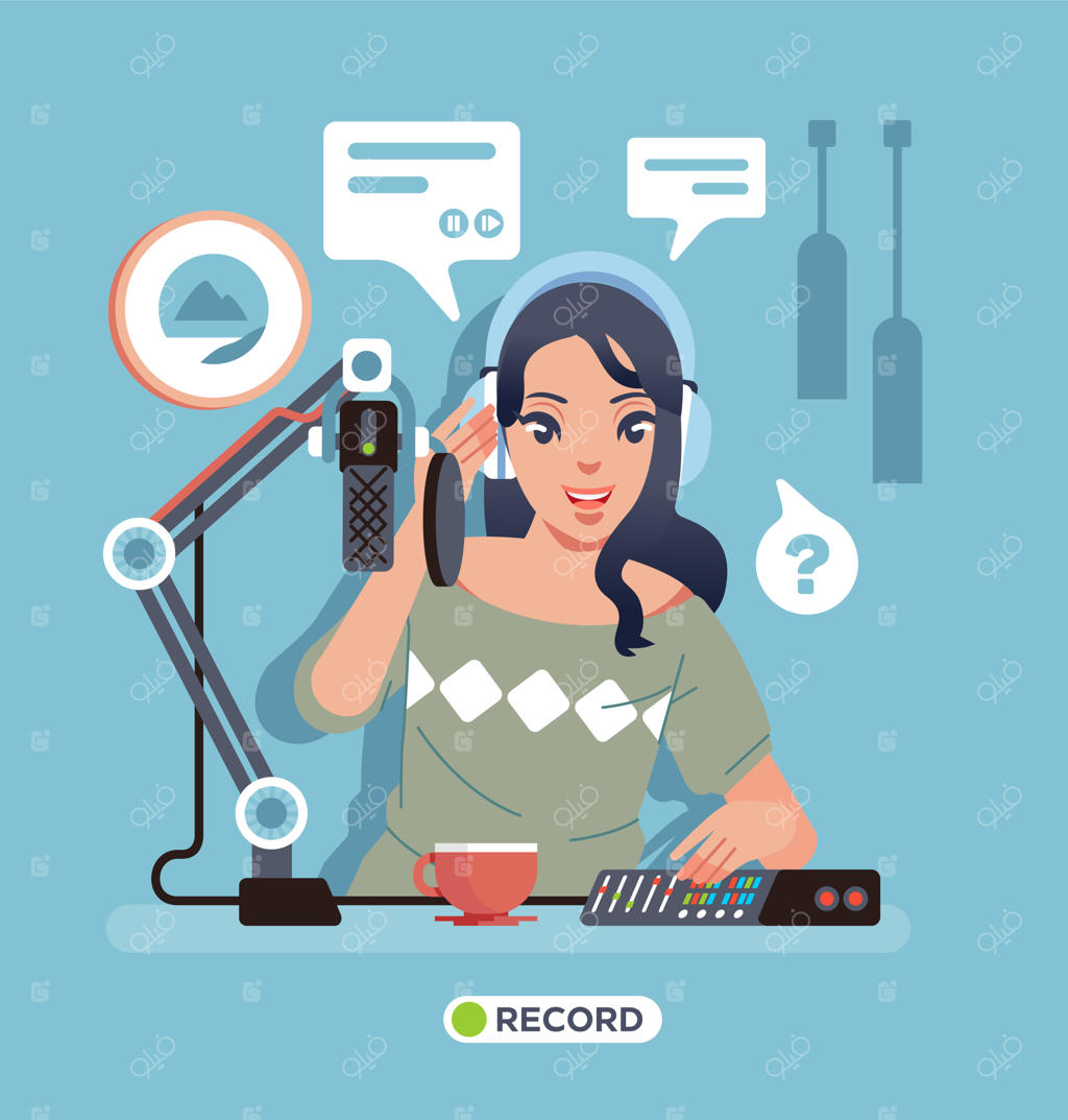 زنان جوان در حال ضبط پادکست تنهایی در استودیو، با میکروفون، تجهیزات و قهوه روی میز. مناسب برای پوسترها، تصاویر وب‌سایت و موارد دیگر