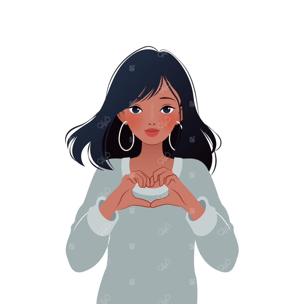 زن جوان زیبا علامت قلب را با دستانش نشان می‌دهد. تصویر وکتور برای چاپ پوسترها