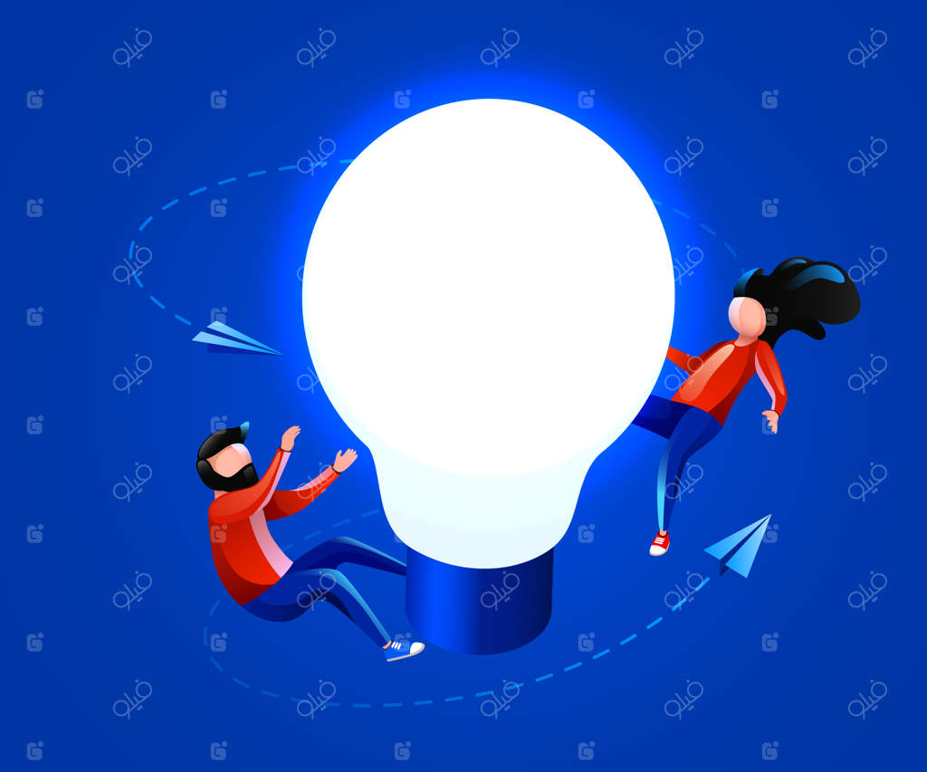 مفهوم نوآوری و خلاقیت: افراد در اطراف ایده یک لامپ پرواز می‌کنند