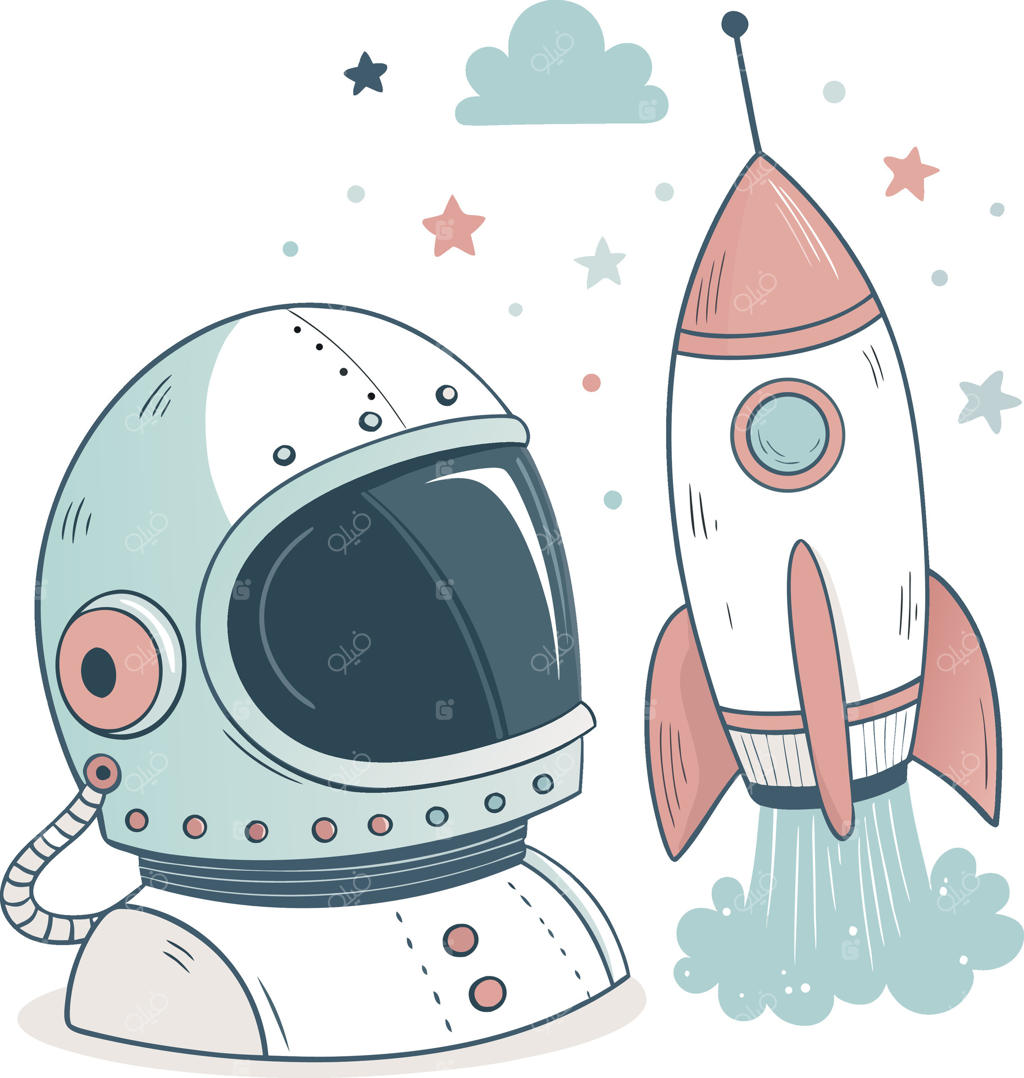 تصویرسازی کلاه فضانوردی و موشک با سبک رترو و تم اکتشاف فضا، همراه با ستاره و ابر