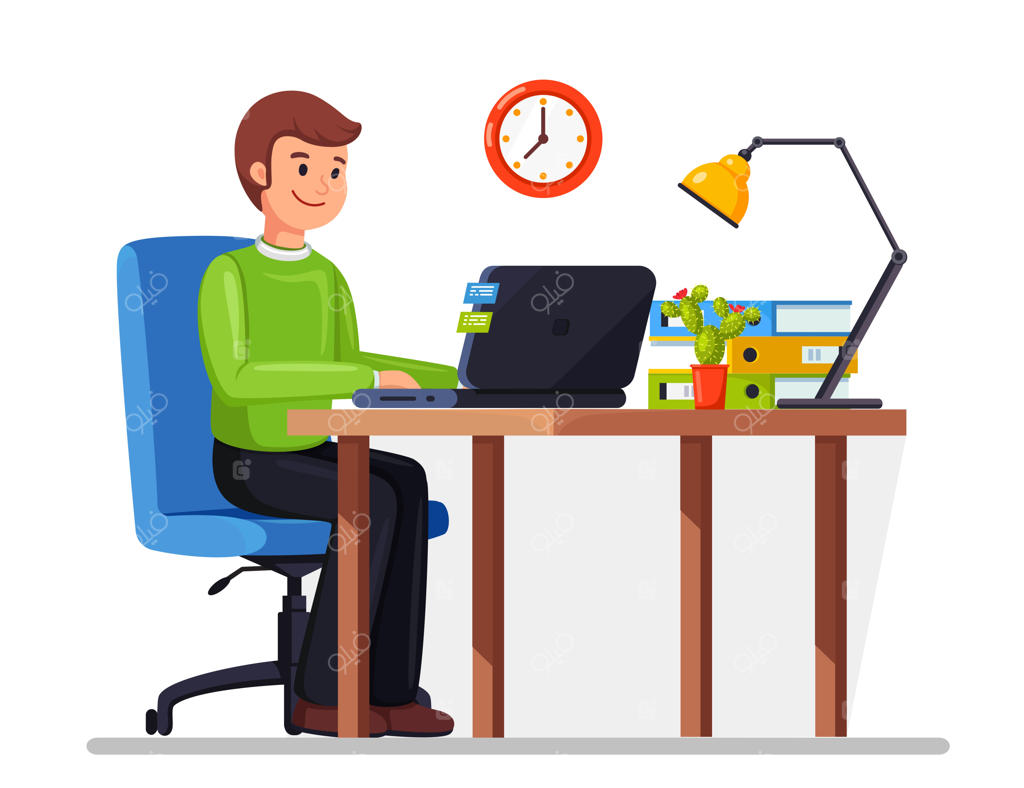 مرد تاجر در حال کار پشت میز؛ فضای داخلی دفتر کار با کامپیوتر، لپ‌تاپ، اسناد، چراغ مطالعه و کتاب؛ مدیر نشسته روی صندلی؛ محیط کار کارمند