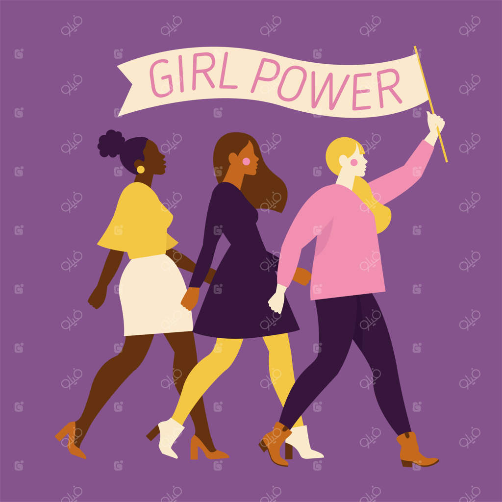 زنان یا دختران خوشحال که دست در دست هم ایستاده‌اند. گروهی از دوستان زن، اتحاد فمینیست‌ها، خواهری. شخصیت‌های کارتونی. تصویرسازی رنگارنگ.