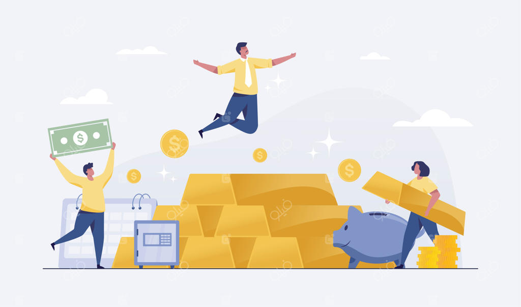 سرمایه‌گذاری در طلا: راهی به سوی موفقیت مالی برای مدیران ثروت و سرمایه‌گذاران. تصویر وکتور.