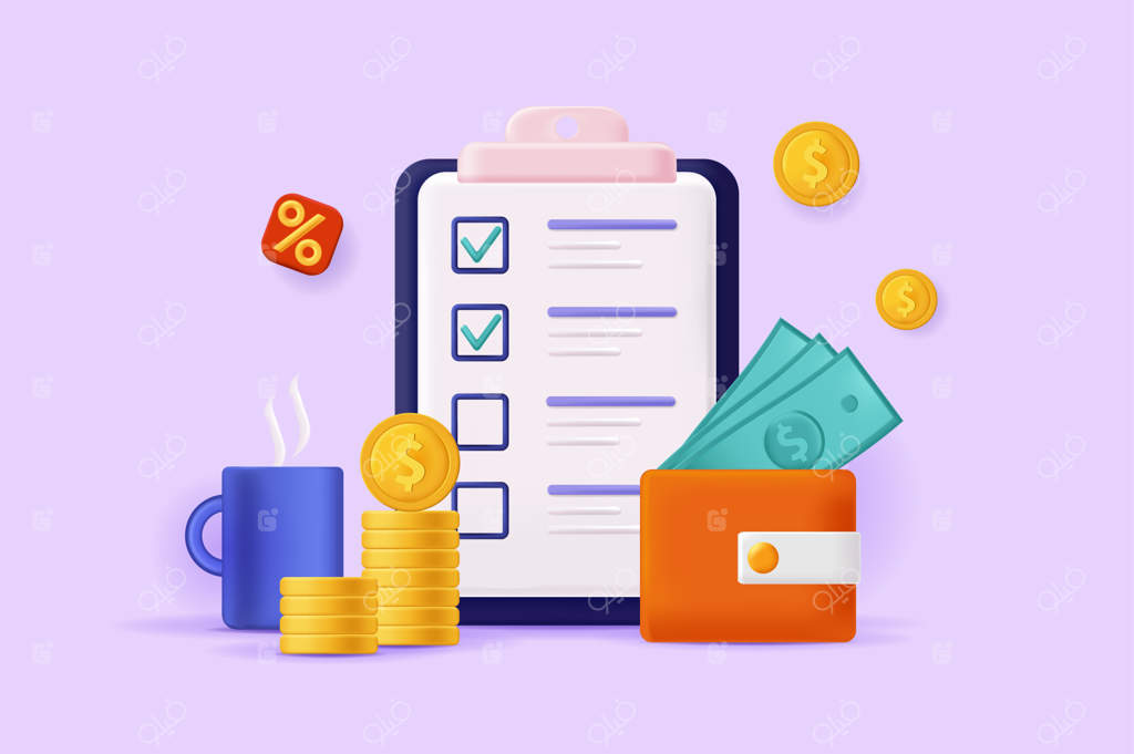 مفهوم برنامه‌ریزی بودجه تصویرسازی سه‌بعدی، تحلیل مالی و حسابداری با نوشتن چک‌لیست شامل هزینه‌ها و درآمد، صرفه‌جویی پول و محاسبه. تصویرسازی وکتور برای طراحی بنر وب مدرن