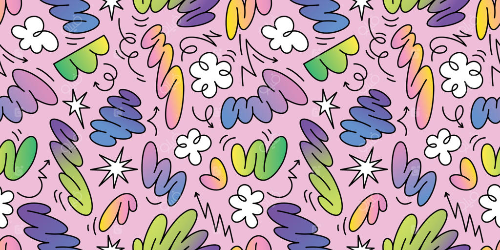 پترن بدون درز انتزاعی با دودل‌های جذاب، اشکال مواج و گرادینت‌های رنگارنگ با حال‌وهوای رترو و شاد دهه ۷۰