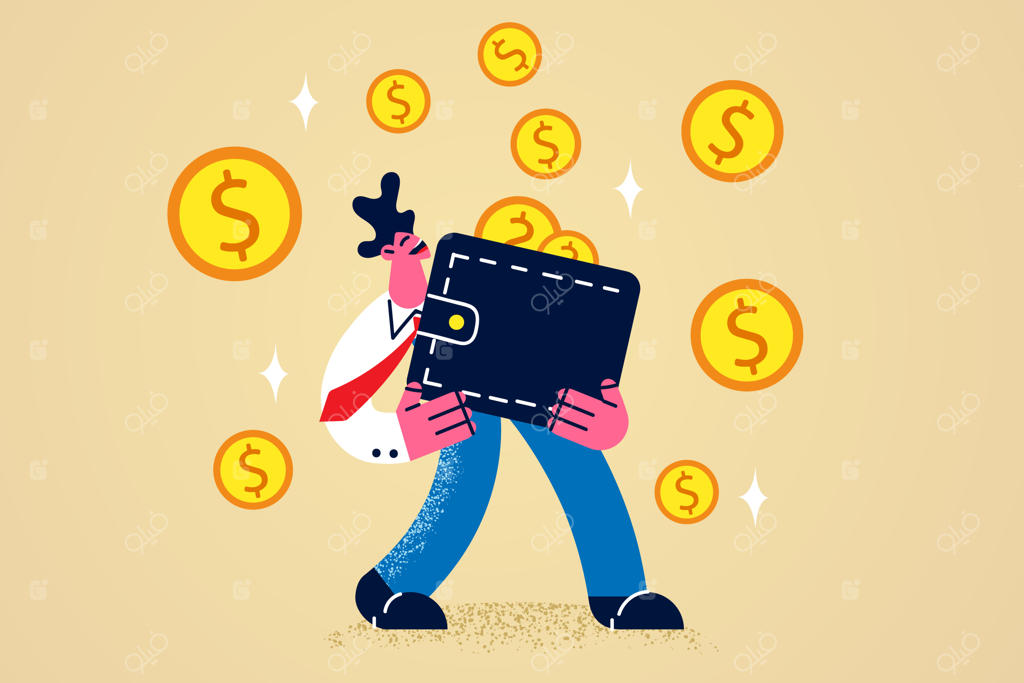 مرد خوشحال کیف پول پر از پول در دست دارد و از سرمایه‌گذاری در بانک سود دریافت کرده است. مردی که از موفقیت مالی یا برنده شدن در قرعه‌کشی خرسند است. مفهوم مالی و پس‌انداز. تصویرسازی به صورت فلت.