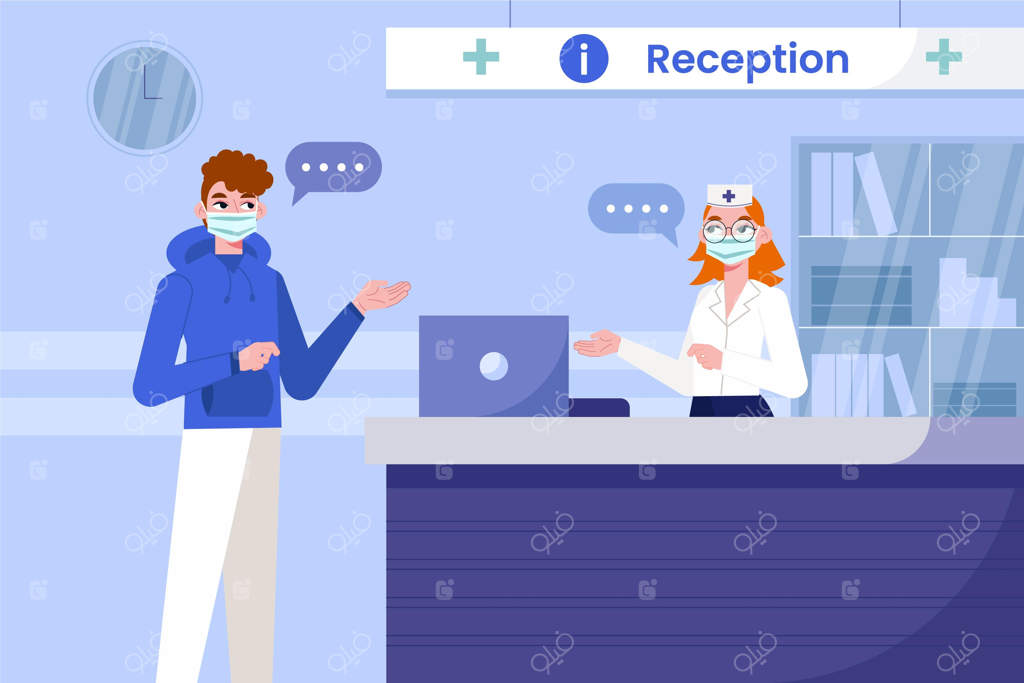 صحنه ای از پذیرش بیمارستان با طراحی دستی و ساده