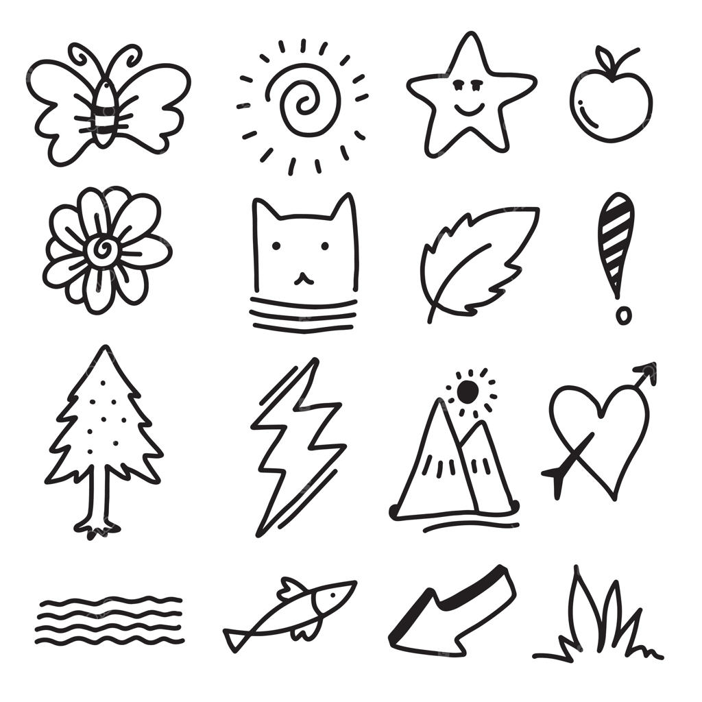 مجموعه‌ی طرح‌های نقاشی خطی بامزه: قلب‌ها، فلش‌ها، خط‌خطی‌ها، گل‌ها، رنگ‌ها، ستاره‌ها، پروانه‌ها و تپه‌ها به صورت دست‌کشیده.