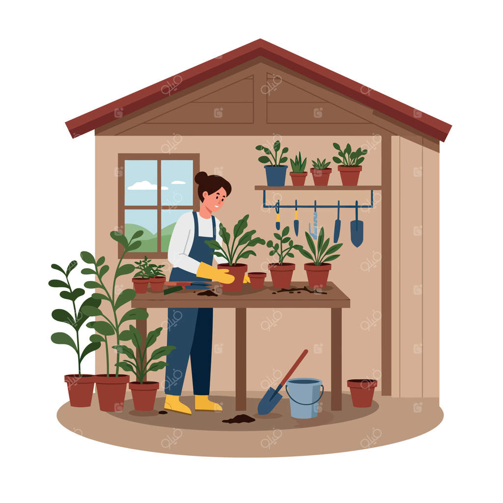 زنی که در حال مراقبت از گیاهان گلدانی در یک کلبه باغ دنج است، تصویری با طراحی مسطح و رنگ‌های زنده