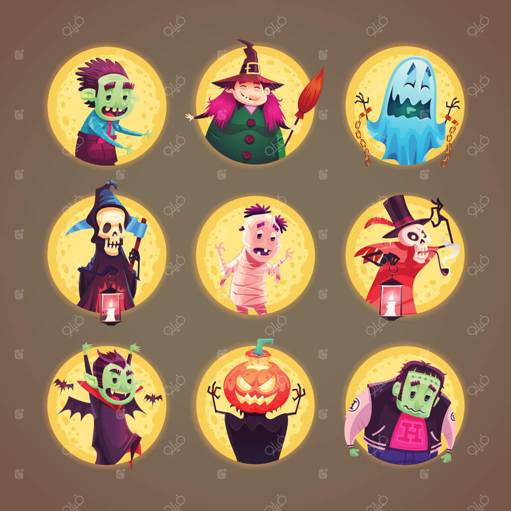 مجموعه آیکون‌های شخصیت‌های کارتونی هالووین. طراحی.