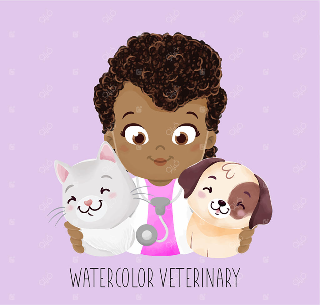 نقاشی آبرنگ دامپزشک زن به همراه سگ و گربه